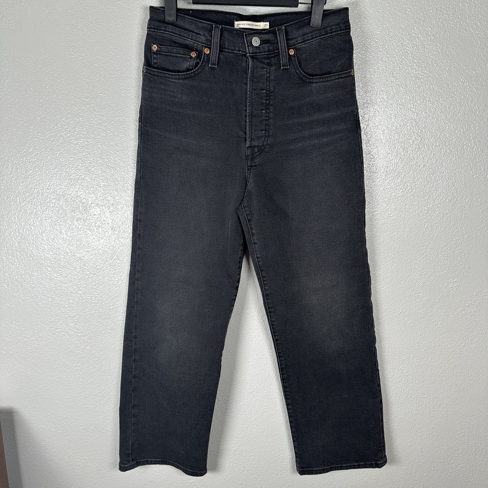Levis Jeans Womens 27 Black Dark Wash Ribcage Straight Ankle Button Fly Denim